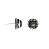 Silver stud earrings featuring Gray Pearls with ornate dotted Bali detailing.